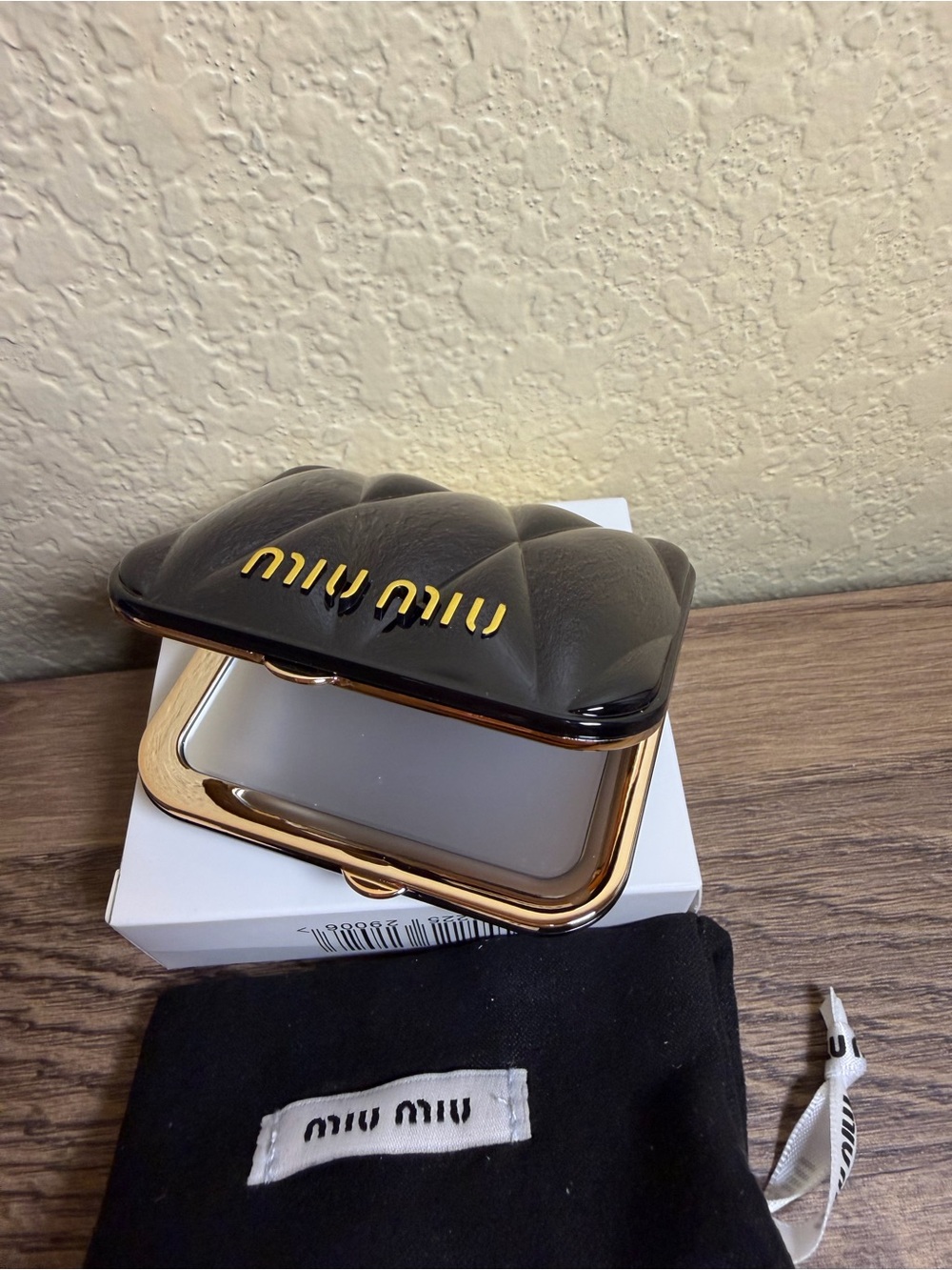 Miu Miu Black Quilted Compact Mirror with Gold Hardware